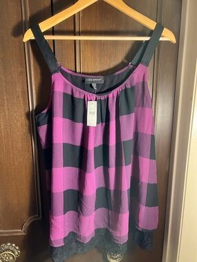 Lane Bryant Purple and Black Checkered Lace-Hem top
